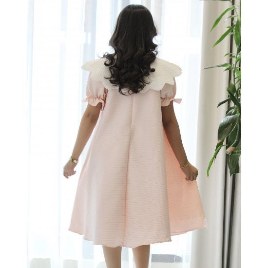 صورة فستان بناتي مخطط بتصميم خصر مفتوح ودلعة بيضاء راقية - 1226